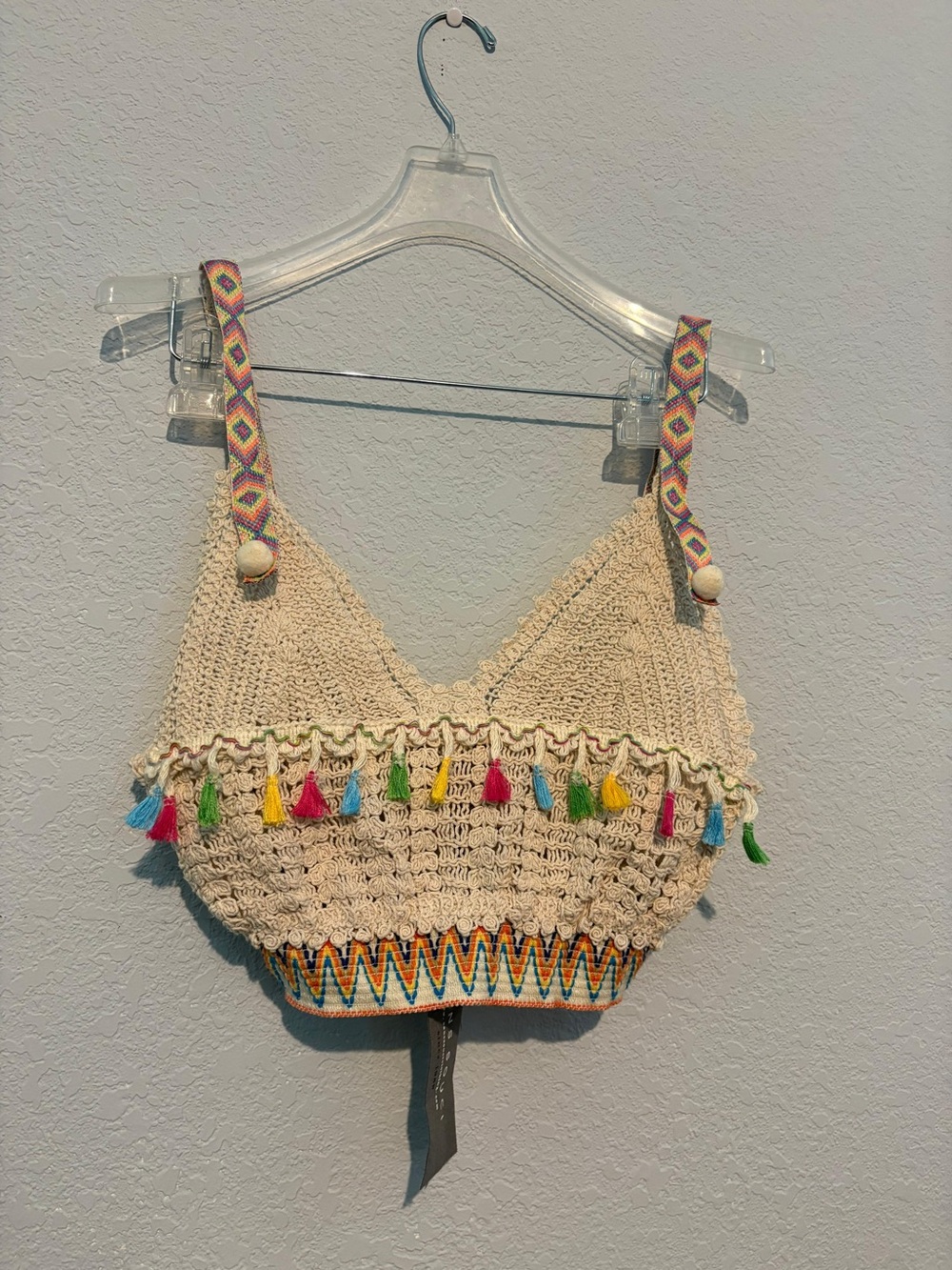 Sans Souci Cream Crochet Crop Top with Multicolor Tassels